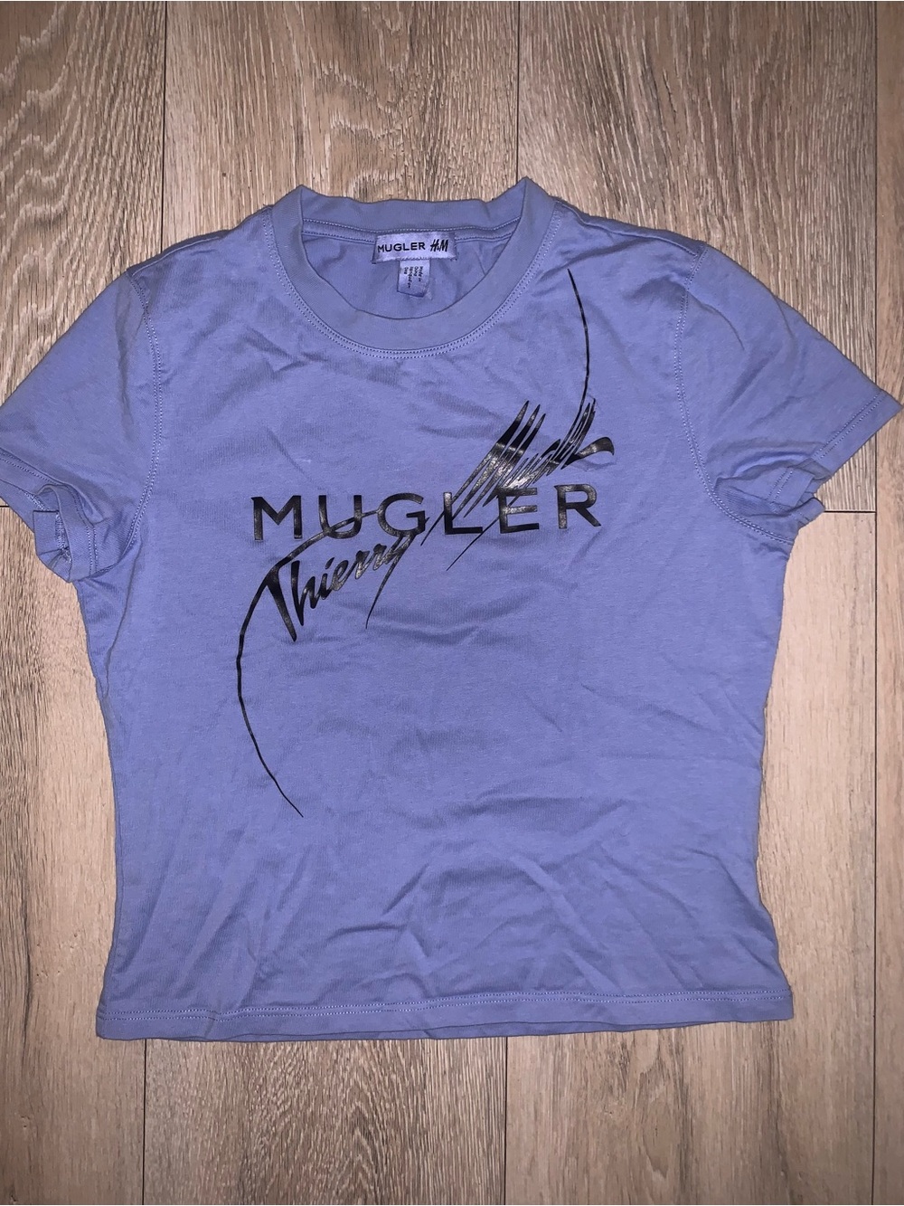 Mugler H&M Printed Fitted T-Shirt Blue Size: Small